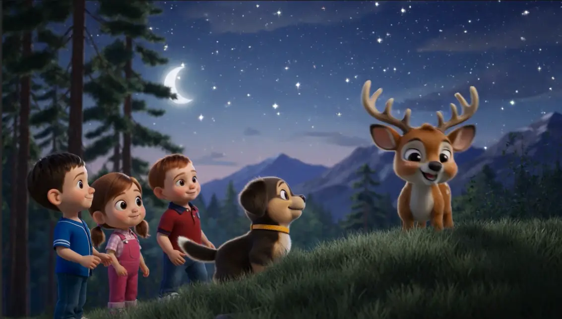 deer dog kids at top of hill